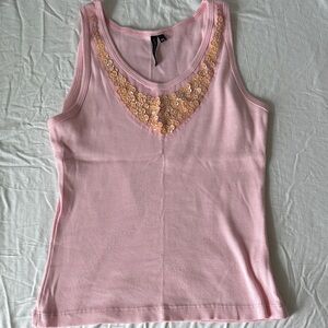 Vintage 100% Cotton Sequin V Neck Pink Tank Top
